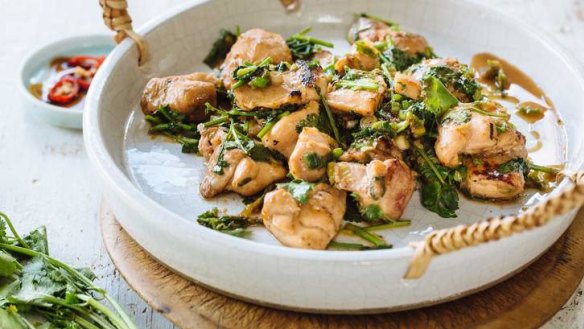 Super simple family dinner: Wok-fried chicken with coriander.