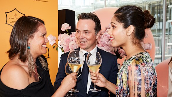Mikaela Jade of Indesign, Thomas Bouleuc of Veuve Clicqucot and actress Freida Pinto at the Next Generation Awards.