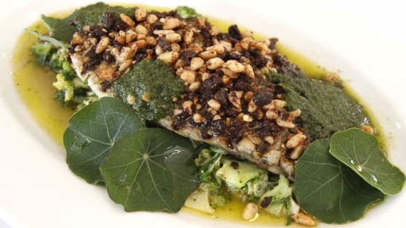 Elevating: Olive and pine nuts top grilled sea bream.
