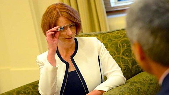 Prime Minister Julia Gillard tests out Google Glass.