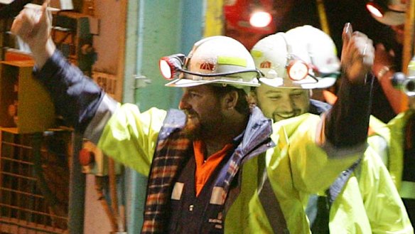 Real life ... miners Todd Russell, left, and Brant Webb emerge from the mine.