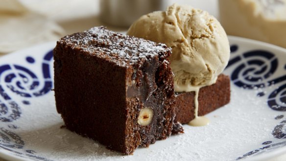 A very grown-up dessert: Jaffa brownie served with Carajillo (coffee and brandy) ice-cream.