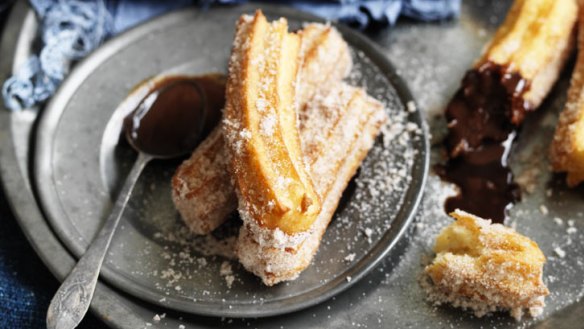 Spanish-style churros donuts are delicious served with melted white or dark chocolate.