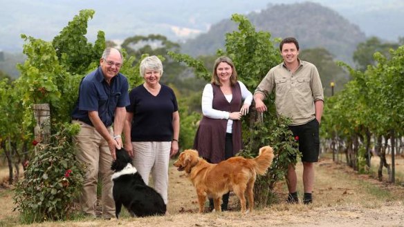 Still going strong: John, Ann, Ruth and Rob Ellis, with dogs Min and Xena, at Hanging Rock.