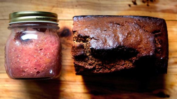 Arabella Forge's grain-free bread, and a jar of rhubarb-chia jam.