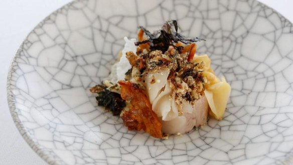 Quay's Peter Gilmore's dish of smoked and confit pig jowl with roasted kogi and shiitake, kombu, sea scallop and sesame.