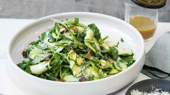 Shaved zucchini, snow peas, almonds salad.