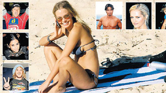 Lara's world...main picture, Lara Bingle; inset, clockwise from bottom left, model Tyler Atkins, stylist Christine Centenera, surfer Taj Burrow, John Ibrahim, movie star Teresa Palmer and DJ Carl Kennedy.