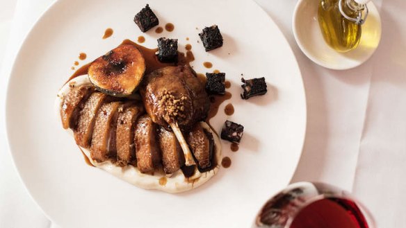 Roasted duck breast with crisp cubes of black pudding.