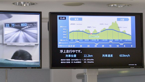 Monitor screens at the Maglev Test Line Test Centre show the maglev train reaching the speed record of 603 kilometres per hour.