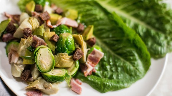 Apple-bacon salad with toasted teff croutons.