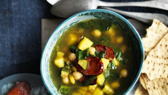 Spanish style chorizo, saffron and chickpea soup.