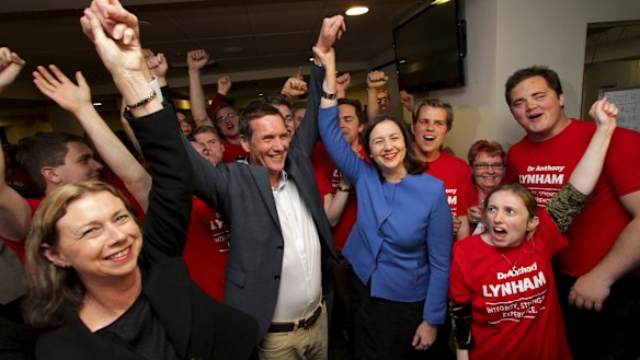 Victorious Labor candidate Anthony Lynham with jubilant Opposition Leader Annastacia Palaszczuk celebrating victory in the Stafford by-election.