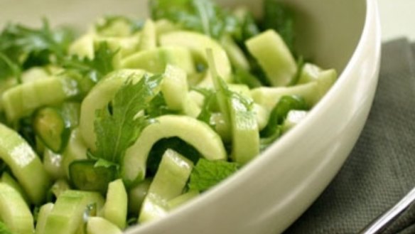 Spicy cucumber and mizuna leaf salad