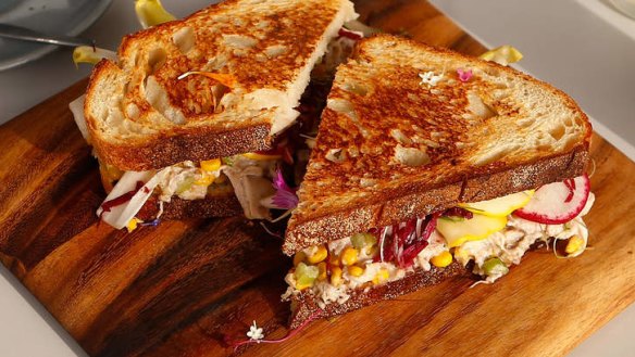 Roast chicken sandwich with sweetcorn and radicchio.