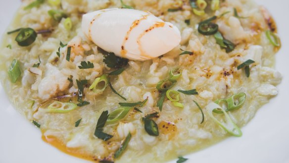 Risotto with Fraser Isle spanner crab, Moreton Bay bug, green chilli, spring onion, and mascarpone.