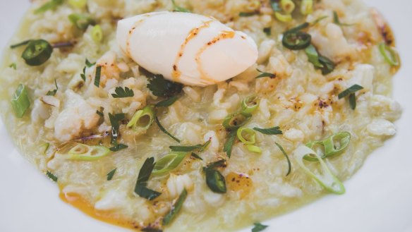 Risotto with Fraser Isle spanner crab, Moreton Bay bug, green chilli, spring onion, and mascarpone.