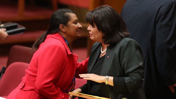 Senator Joanna Lindgren was congratulated by Senator Nova Peris after she made her first speech to the Senate on Tuesday.