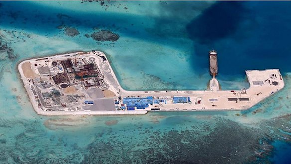 Controversial Chinese development at Hughes Reef in the Union Banks, located in the northern Spratly Islands. 