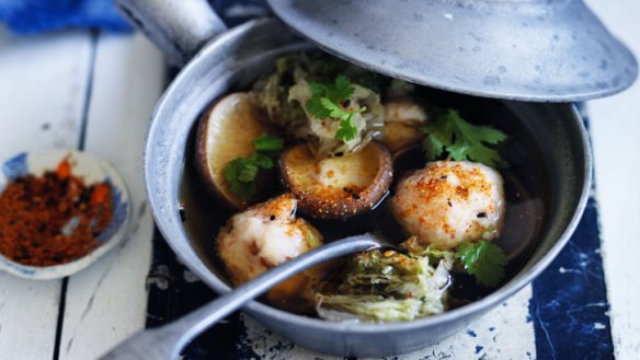 Umami goodness: Neil Perry's king prawn ball and shiitake mushroom hotpot.