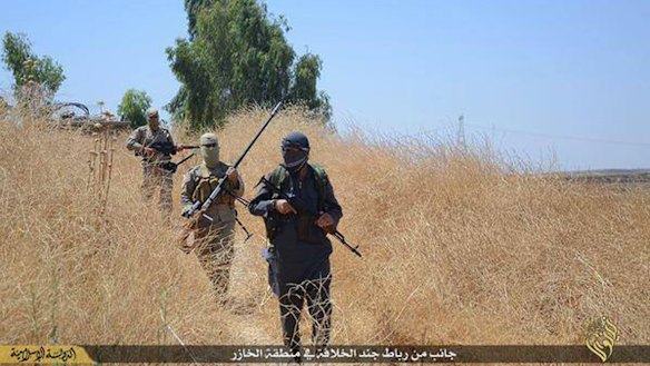 An Islamic State patrol in Khazer, Iraq.