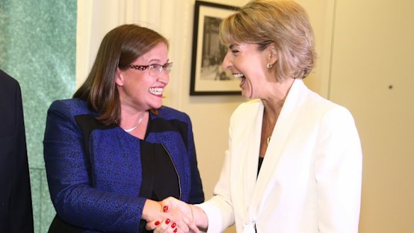 Minister for Women Michaelia Cash congratulates Kate Jenkins on her appointment as the new Sex Discrimination Commissioner on Thursday.