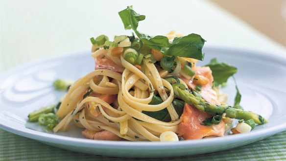 Salmon and asparagus pasta.