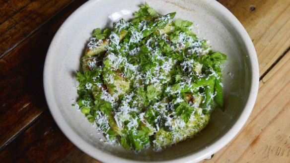 Soft and salty: Gnocchi, spring peas, herbs and salted ricotta.