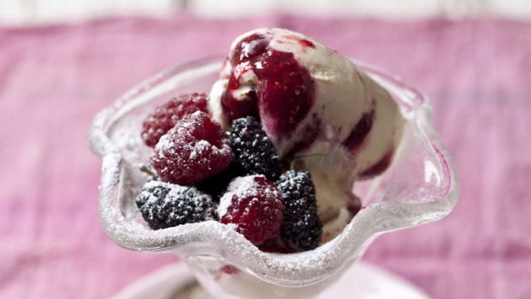 Vanilla and blackberry caramel ripple ice-cream.