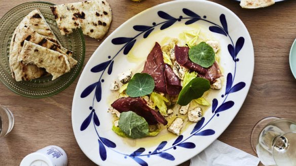 Eggplant salad, shanklish and jamon.