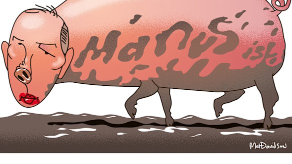 Peter Dutton as a pig in lipstick trying to tip-toe over the mud of Manus Island.