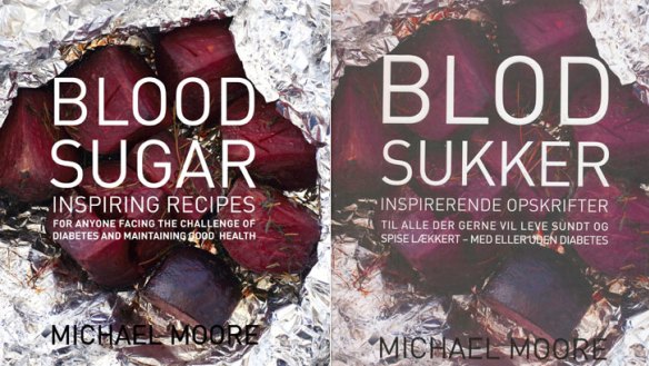 Nod to the popular vampire genre? Chef Michael Moore's Blood Sugar cookbook is on the market in Denmark with this cover (pictured right).