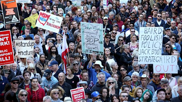 Anti-Baird rally: Protestors gather in Sydney's CBD to oppose laws and policies of NSW Premier Mike Baird and his Coalition government.