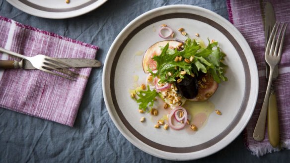 Fried morcilla sausage with figs, pickled eschalots and creme fraiche.