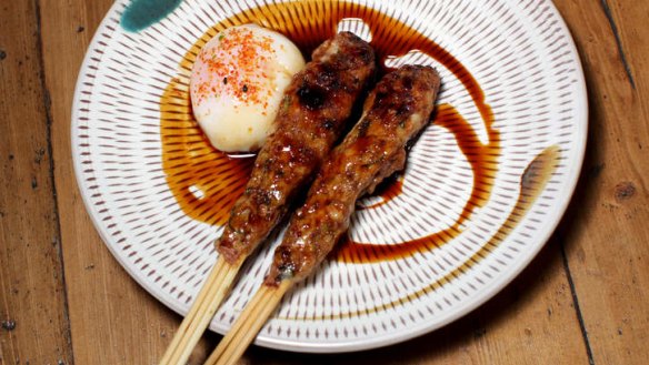 Meatballs on sticks with 62-degree egg.