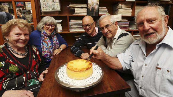 Descendants of the original owners of St Kilda's Monarch Cakes (from left) Rany Friedman, Pam Dempster, Greg Levine, Joseph Kay and Max Kamien.