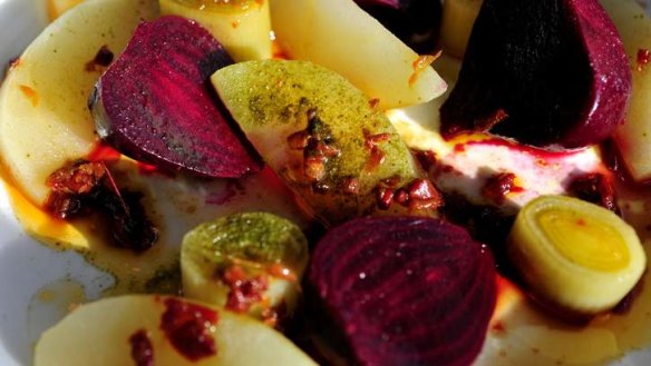 Slowcooked apple, leek and beetroot with ginger and chilli.