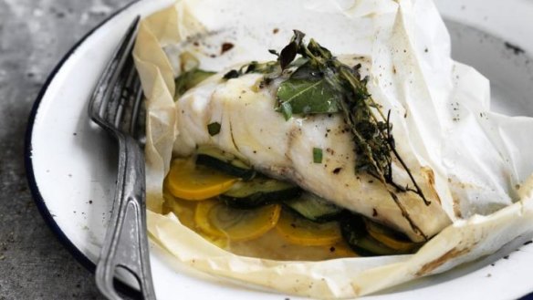 Blue-eye with zucchini and herbs baked in paper.