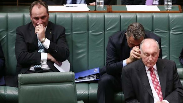 Agriculture Minister Barnaby Joyce, Treasurer Joe Hockey and Acting Prime Minister Warren Truss on Thursday. Photo: Alex Ellinghausen
