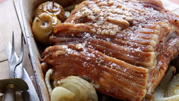 Slow-roast shoulder of pork with fennel and apples.