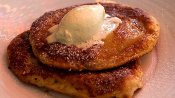 Myrtleford buttermilk pancakes with banana, salted peanut praline, whipped  mascarpone and Canadian maple syrup.