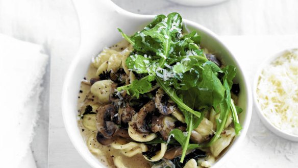 Orecchiette pasta with mushrooms, spinach and pecorino.