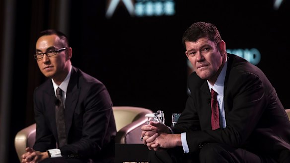 Lawrence Ho and James Packer in 2015 at the opening of Melco's Studio City casino resort in Macau.