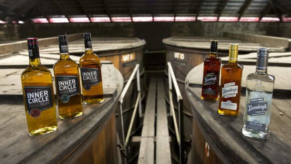 Beenleigh and Inner Circle rum varieties in the distillery's barrel room.
