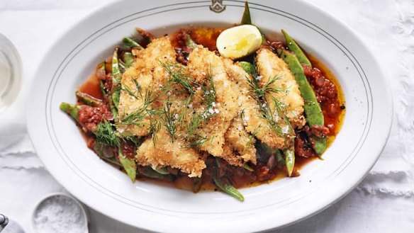 Crumbed John Dory with braised beans.