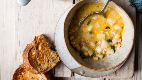 Toasty warm: Potato, corn and bacon chowder.