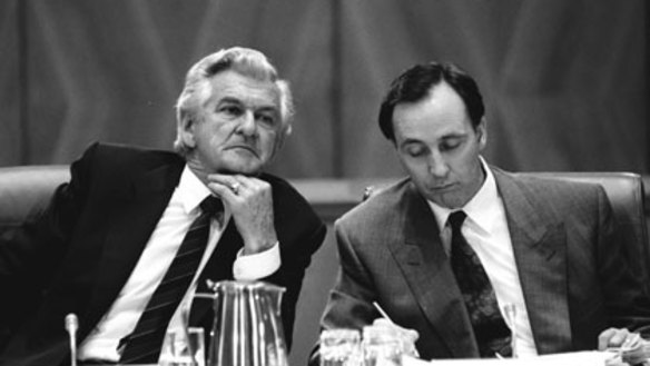 Sparring partners ... Bob Hawke and Paul Keating at the Premiers Conference at Parliament House in 1991.