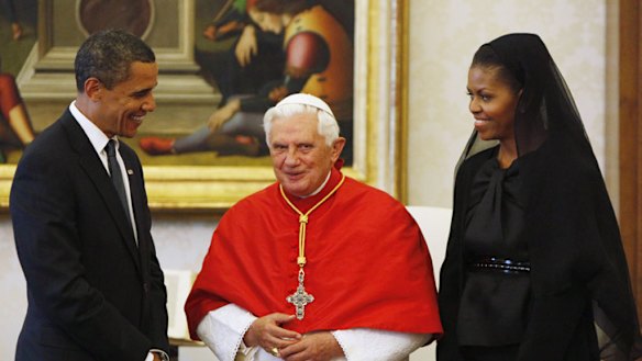 President Barack Obama and first lady Michelle Obama meeting with Pope Benedict XVI, at the Vatican in 2009.