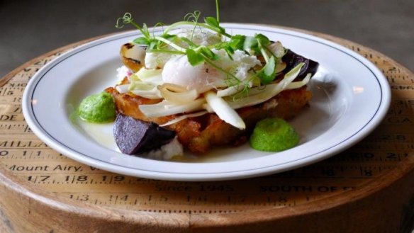 'The Seamstress': waffle hash brown with beetroot, pea puree and poached eggs.