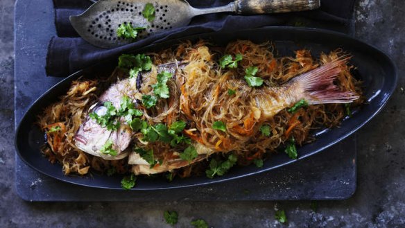 Steamed snapper in glass noodles.